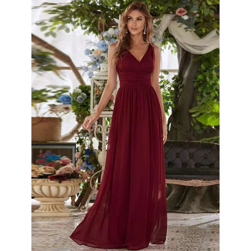 SUENTA Damen Elegantes Maxi Kleid – Ärmelloses Kleid mit V-Ausschnitt Rot Wein