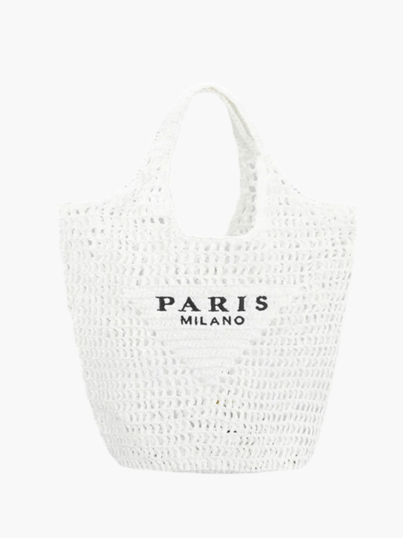 SUENTA Strandtasche Aus Stroh Handgefertigt Paris Print Boho Stil Weiß One-Size