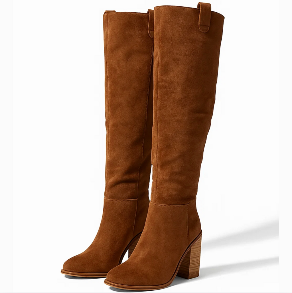 SUENTA Damen PU Lederstiefel Mit Blockabsatz Kniestiefel Weichem Wildleder
