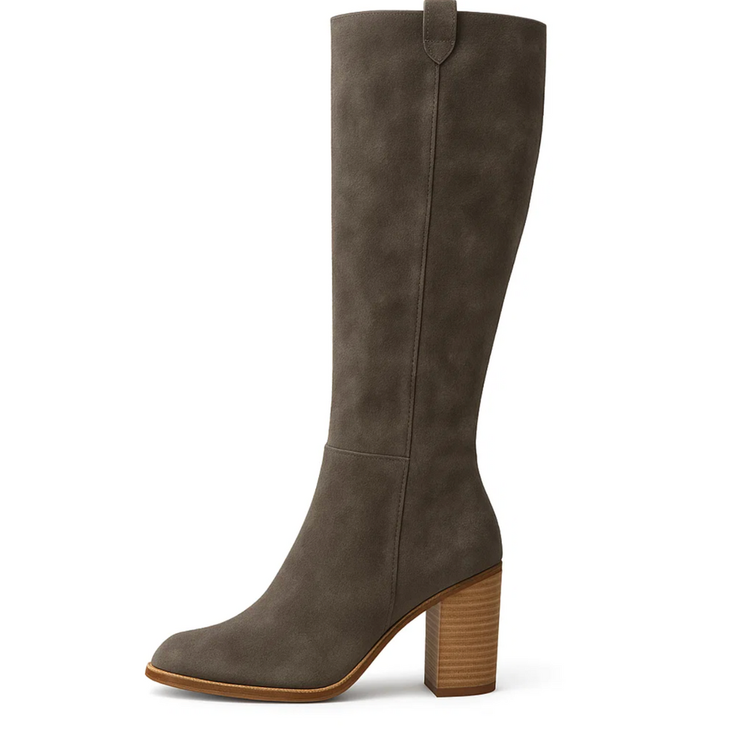 SUENTA Damen PU Lederstiefel Mit Blockabsatz Kniestiefel Weichem Wildleder Dunkelgrau