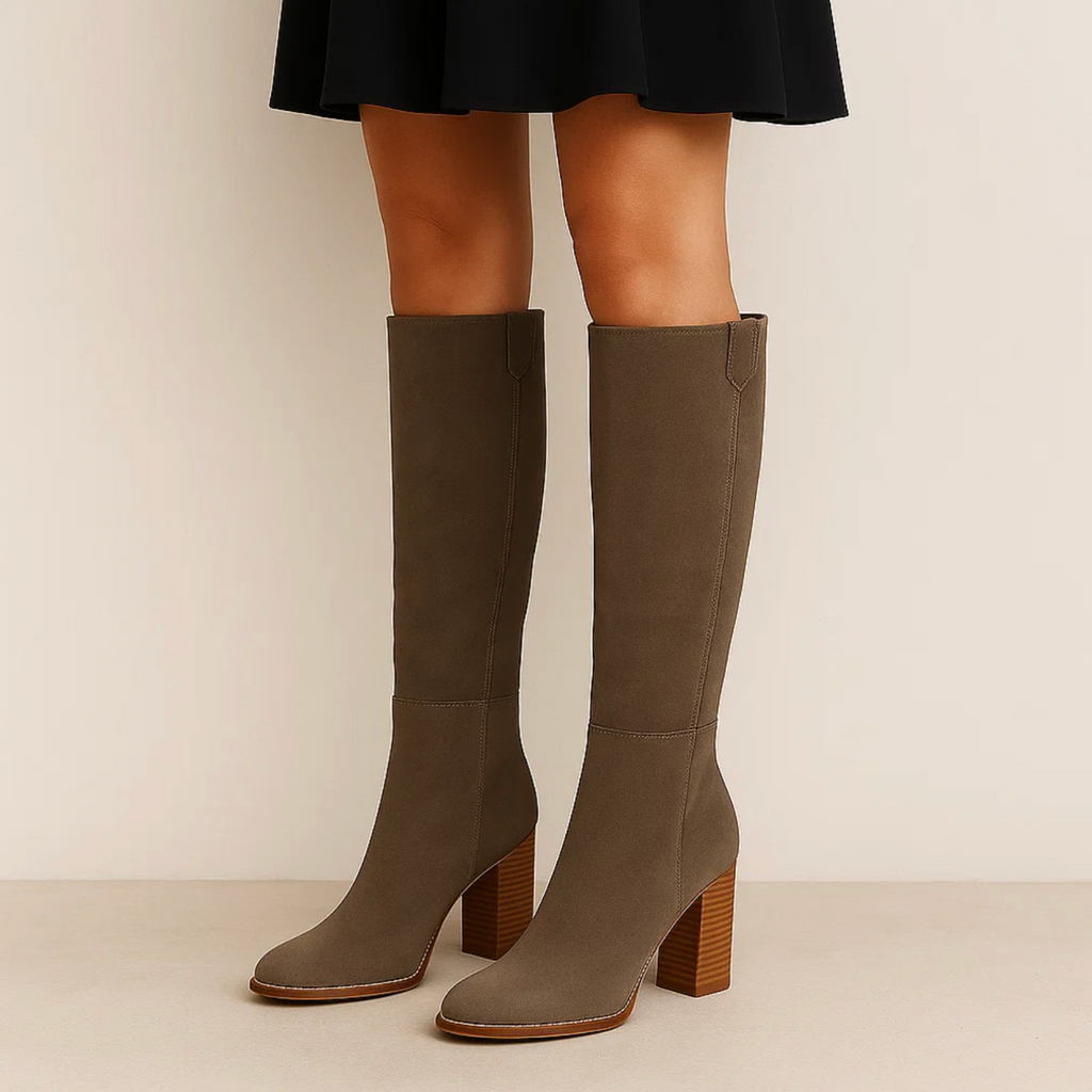 SUENTA Damen PU Lederstiefel Mit Blockabsatz Kniestiefel Weichem Wildleder
