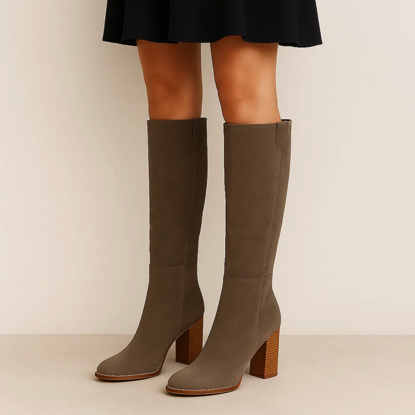 SUENTA Damen PU Lederstiefel Mit Blockabsatz Kniestiefel Weichem Wildleder