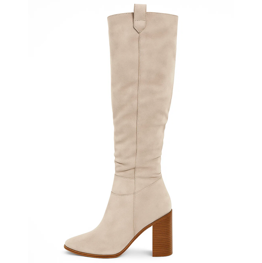 SUENTA Damen PU Lederstiefel Mit Blockabsatz Kniestiefel Weichem Wildleder Beige