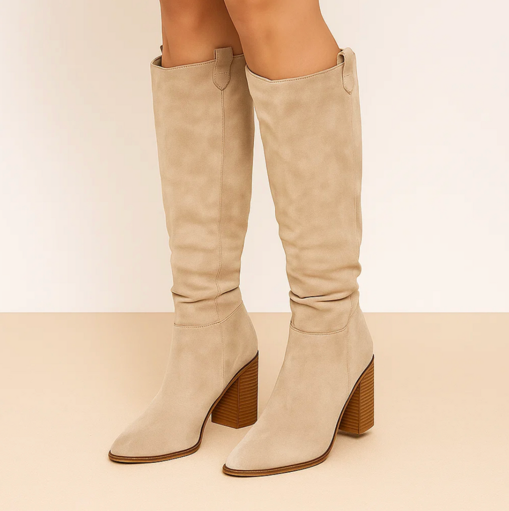 SUENTA Damen PU Lederstiefel Mit Blockabsatz Kniestiefel Weichem Wildleder