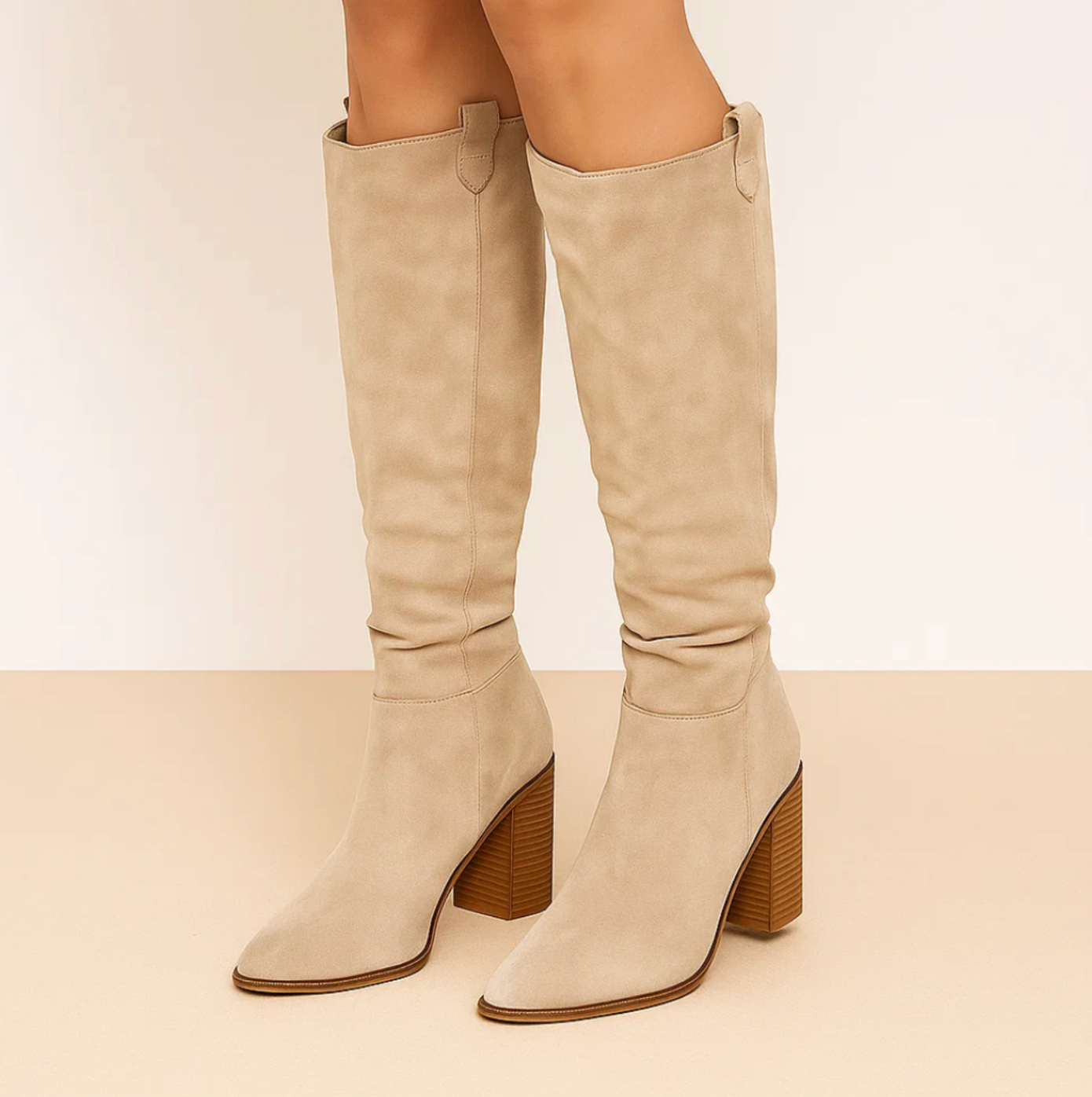 SUENTA Damen PU Lederstiefel Mit Blockabsatz Kniestiefel Weichem Wildleder