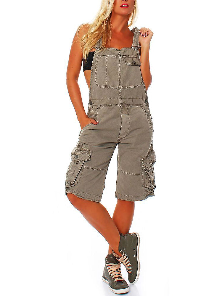 SUENTA Damen Denim Cargo Latzshorts – Overall mit Verstellbaren Trägern und Taschen