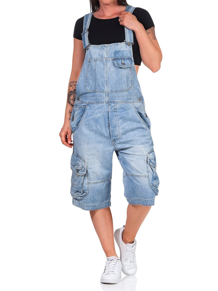 SUENTA Damen Denim Cargo Latzshorts – Overall mit Verstellbaren Trägern und Taschen Hellblau Denim