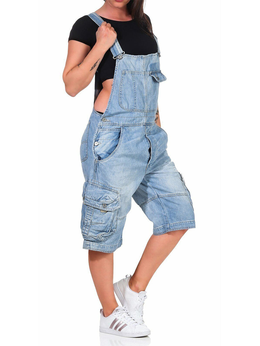 SUENTA Damen Denim Cargo Latzshorts – Overall mit Verstellbaren Trägern und Taschen