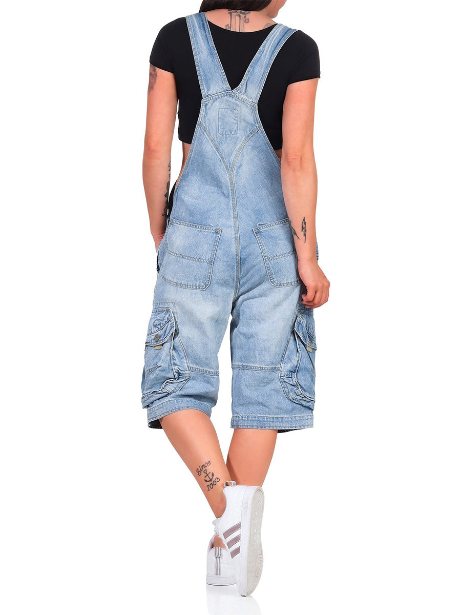 SUENTA Damen Denim Cargo Latzshorts – Overall mit Verstellbaren Trägern und Taschen