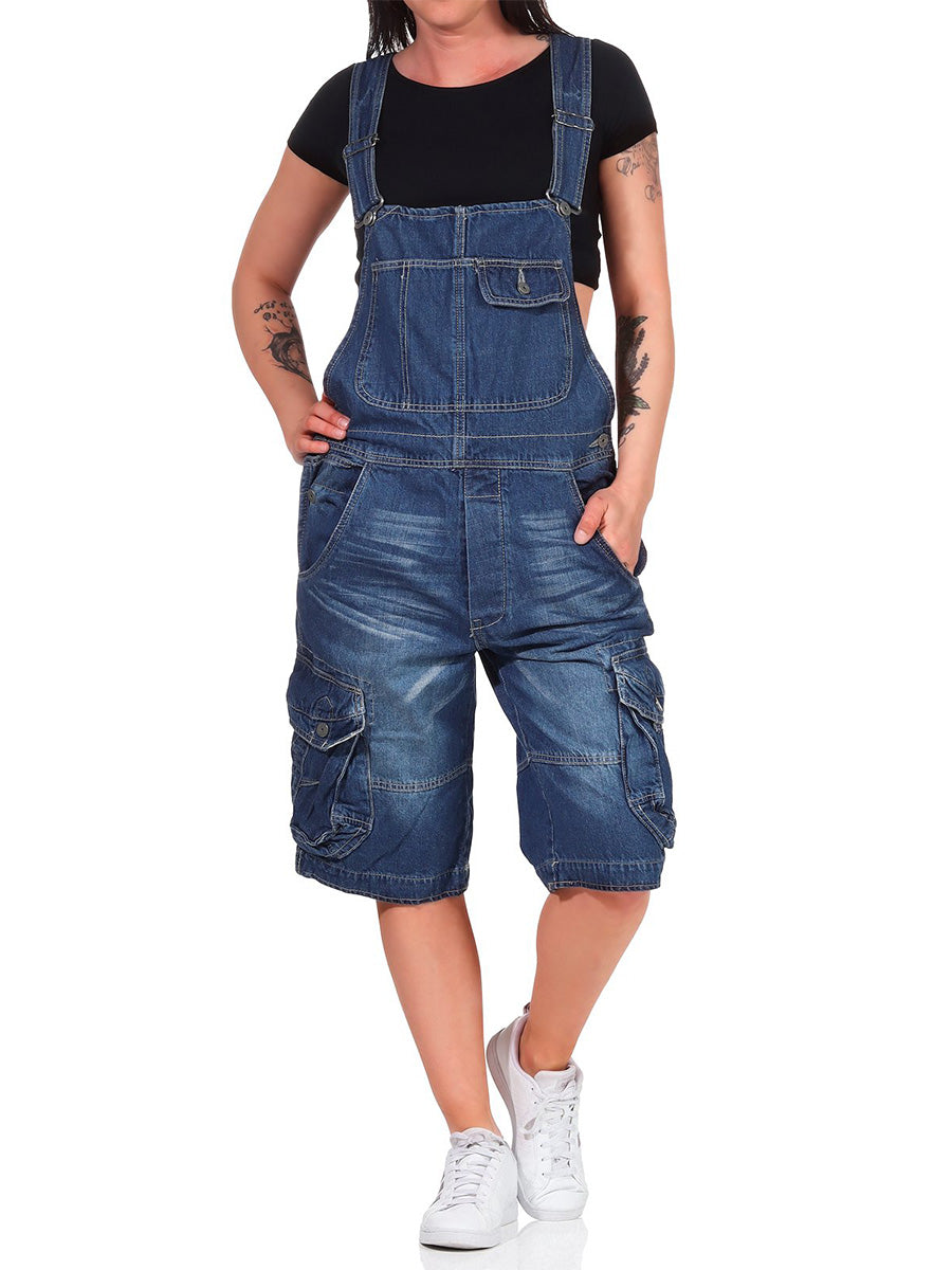 SUENTA Damen Denim Cargo Latzshorts – Overall mit Verstellbaren Trägern und Taschen Dunkelblau Denim