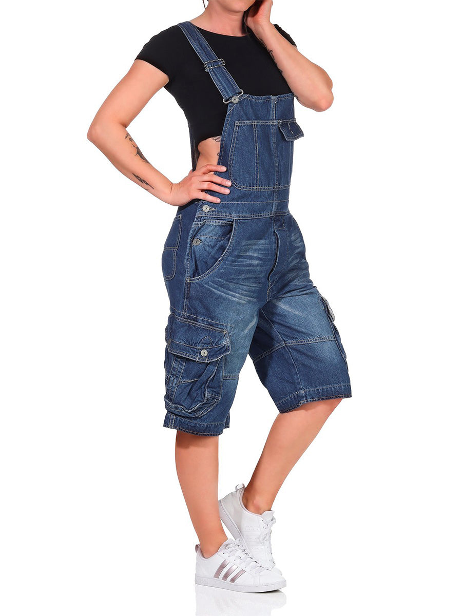 SUENTA Damen Denim Cargo Latzshorts – Overall mit Verstellbaren Trägern und Taschen