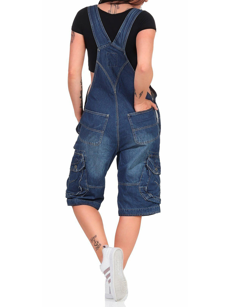 SUENTA Damen Denim Cargo Latzshorts – Overall mit Verstellbaren Trägern und Taschen