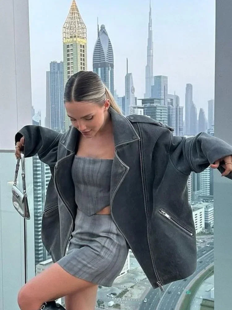 SUENTA Damen Graue Lockere Wildlederjacke Reversdesign Stil