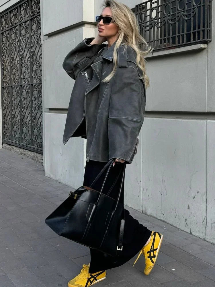 SUENTA Damen Graue Lockere Wildlederjacke Reversdesign Stil