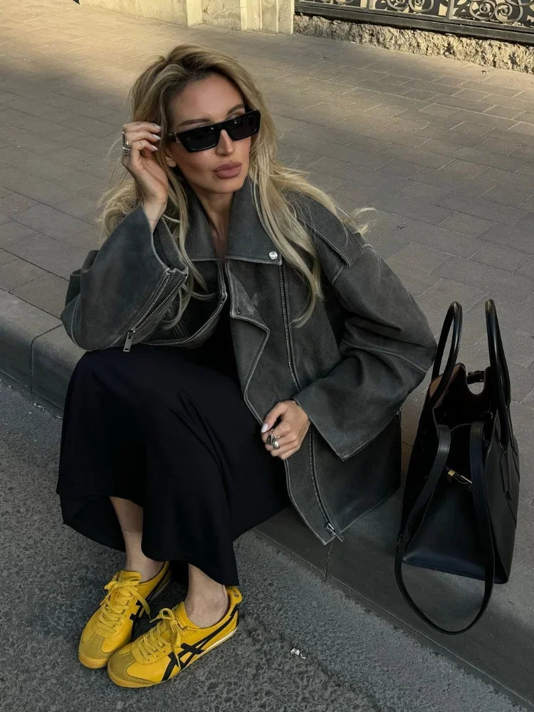 SUENTA Damen Graue Lockere Wildlederjacke Reversdesign Stil