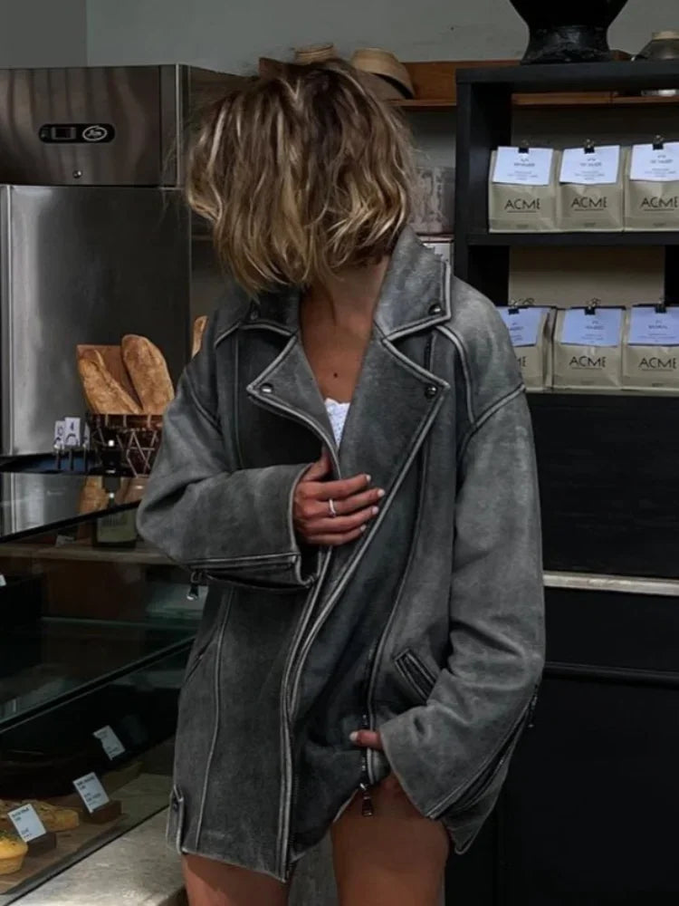 SUENTA Damen Graue Lockere Wildlederjacke Reversdesign Stil