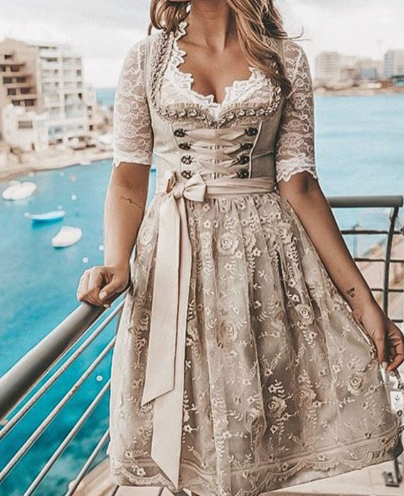 SUENTA Damen Dirndl - Traditionell mit Schürze und Bluse Hellbraun