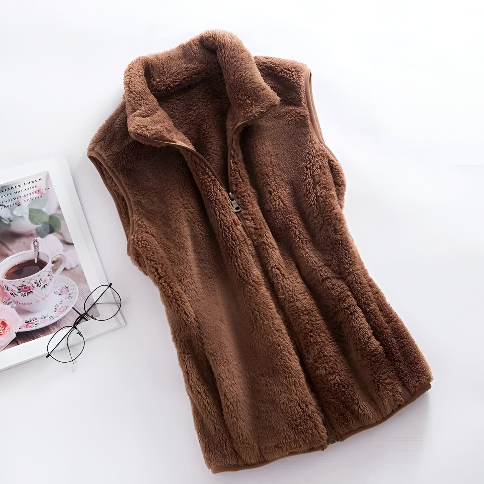 SUENTA Frauen Polar Fleece-Winterweste Ärmellose Weste Warm Kamel