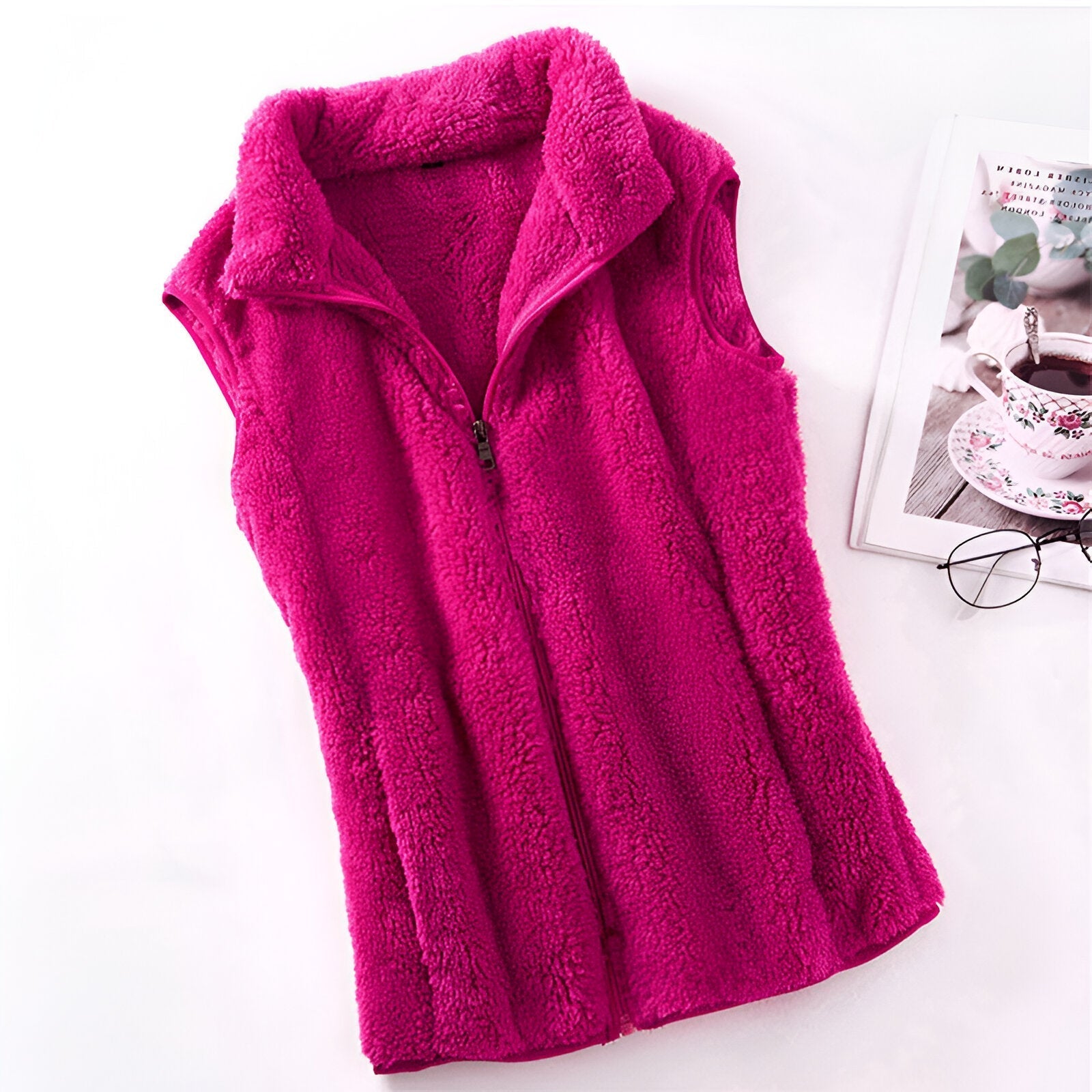 SUENTA Frauen Polar Fleece-Winterweste Ärmellose Weste Warm Rosenrot