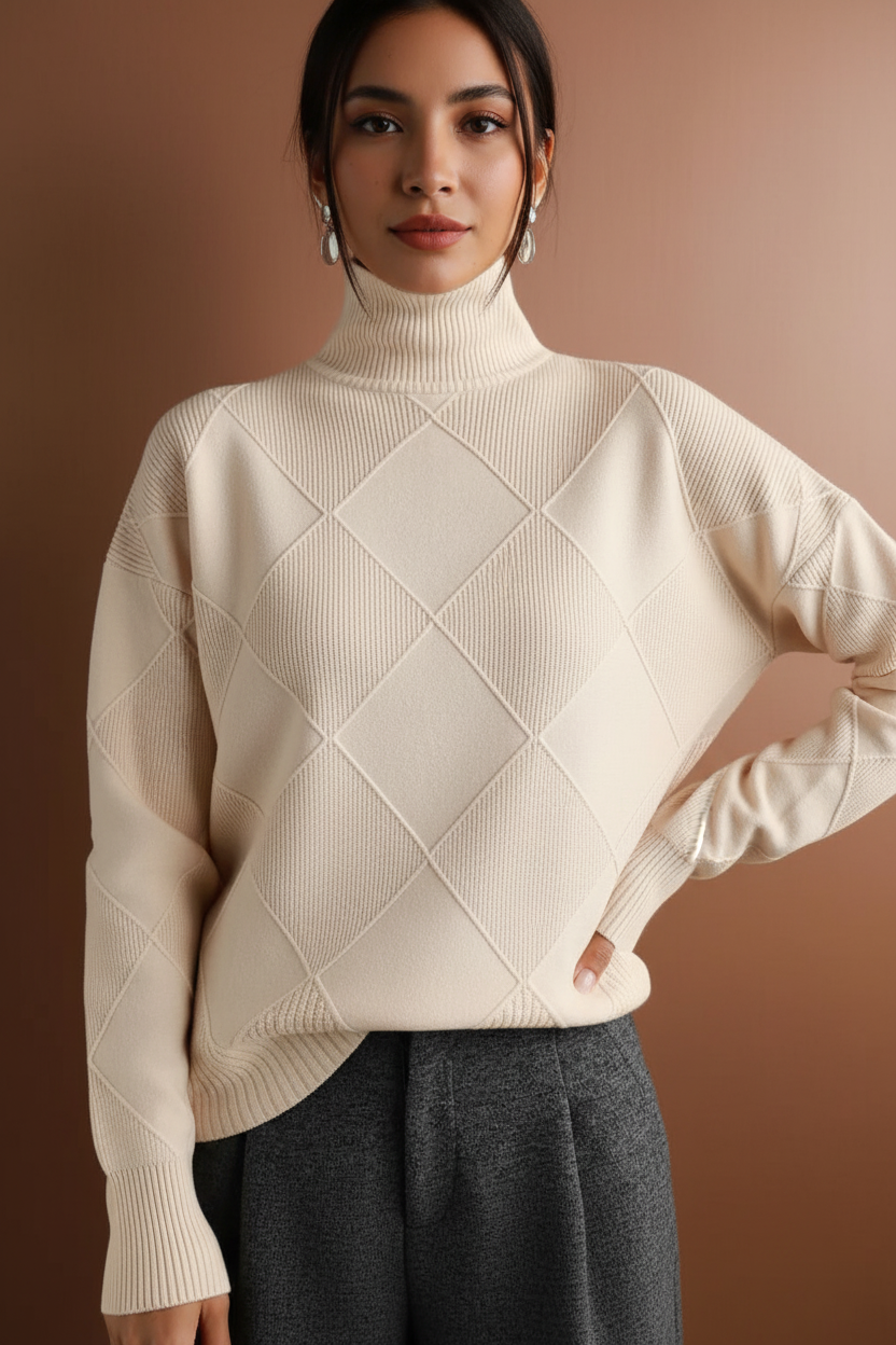 SUENTA Vespera Damen-Strickpullover – Hoher Kragen & Klassisches Rautenmuster