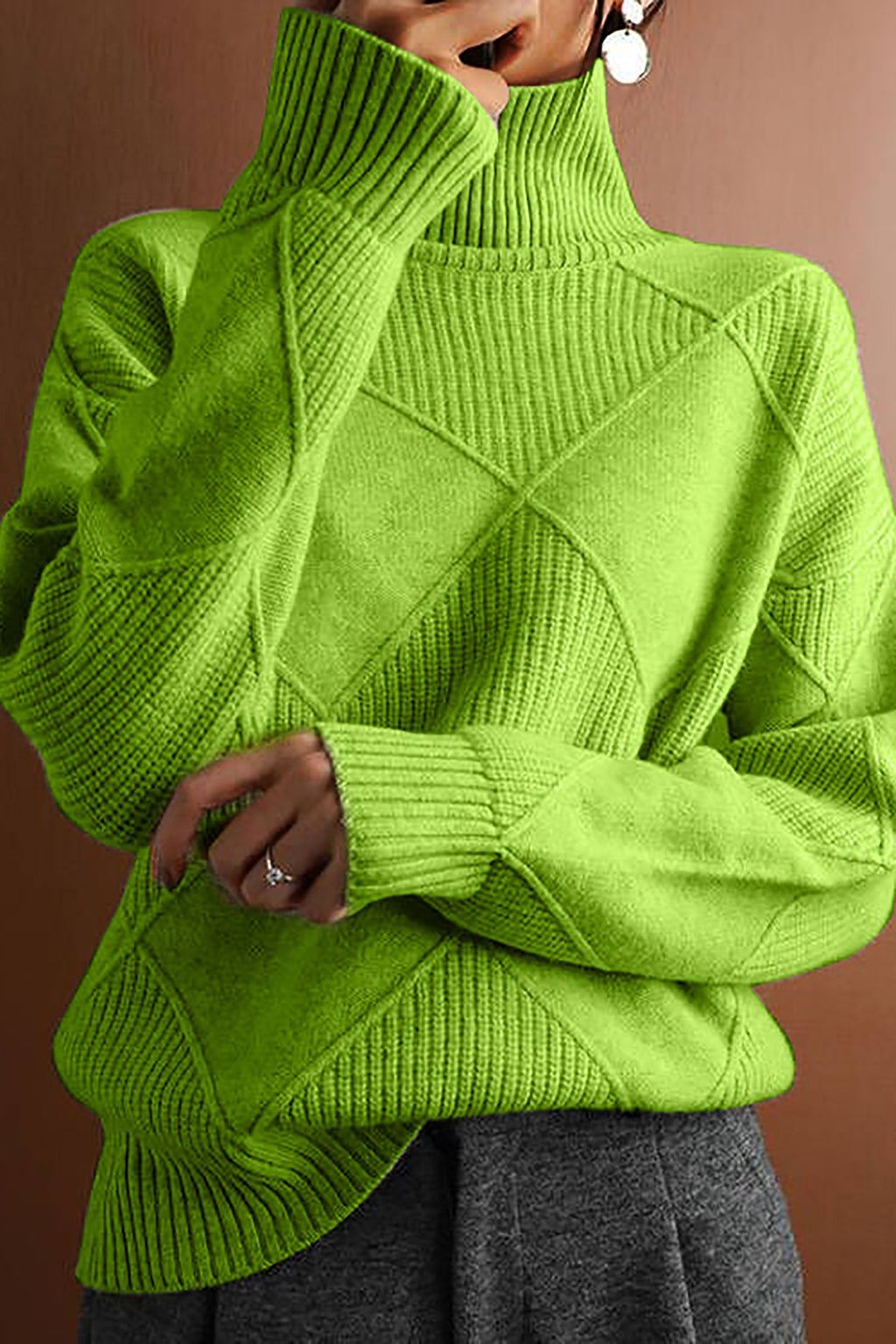 SUENTA Vespera Damen-Strickpullover – Hoher Kragen & Klassisches Rautenmuster Grün