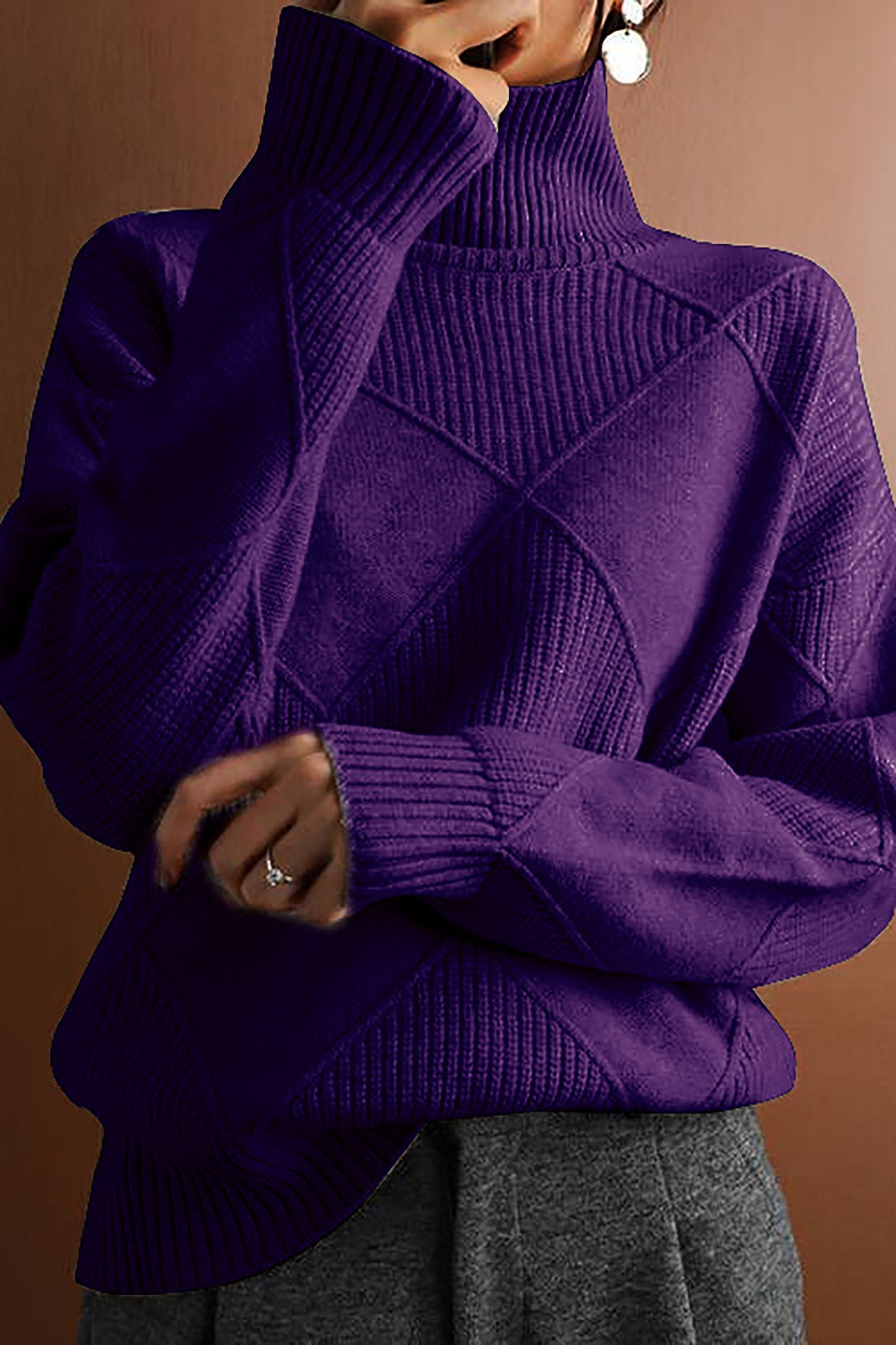 SUENTA Vespera Damen-Strickpullover – Hoher Kragen & Klassisches Rautenmuster Lila