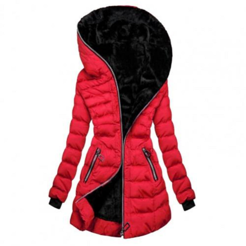 SUENTA Haven Damen Gesteppte Jacke - Lang, Warm mit Kapuze Rot