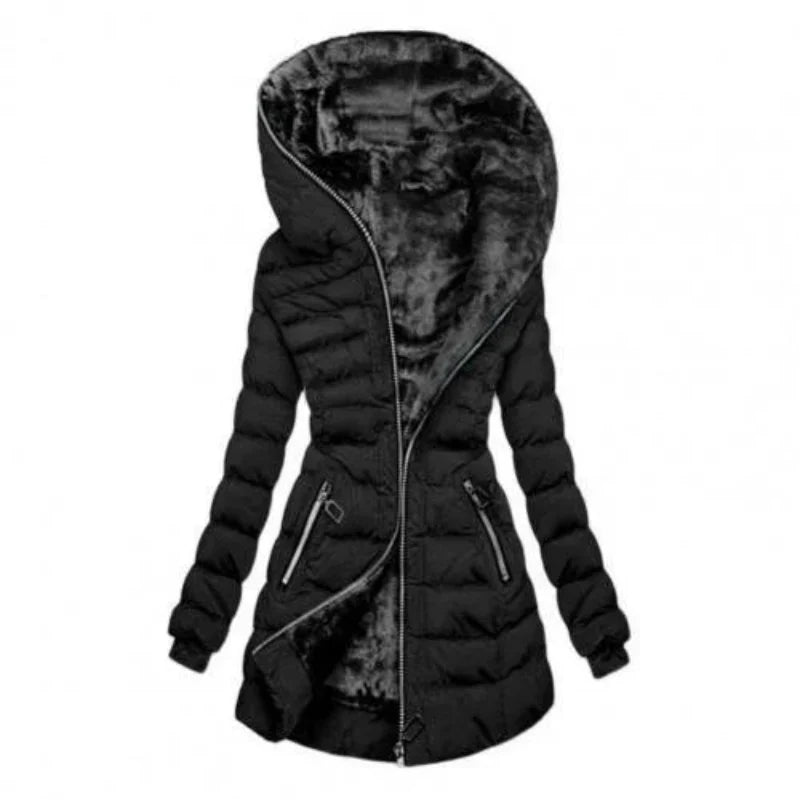 SUENTA Haven Damen Gesteppte Jacke - Lang, Warm mit Kapuze Schwarz