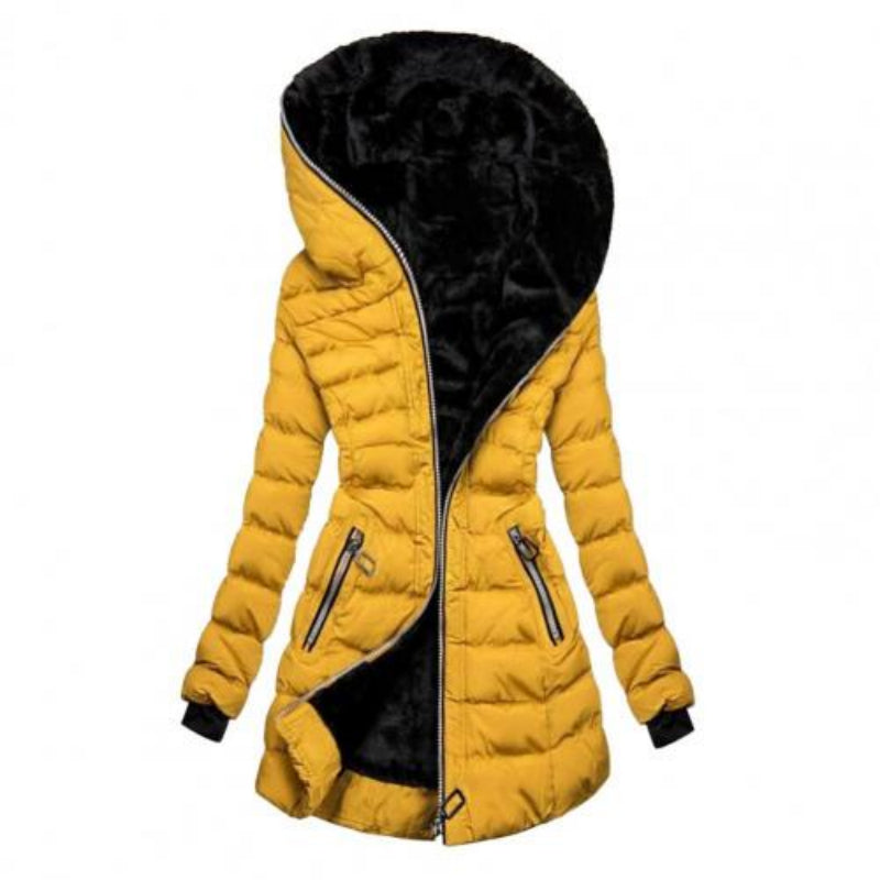SUENTA Haven Damen Gesteppte Jacke - Lang, Warm mit Kapuze Gelb