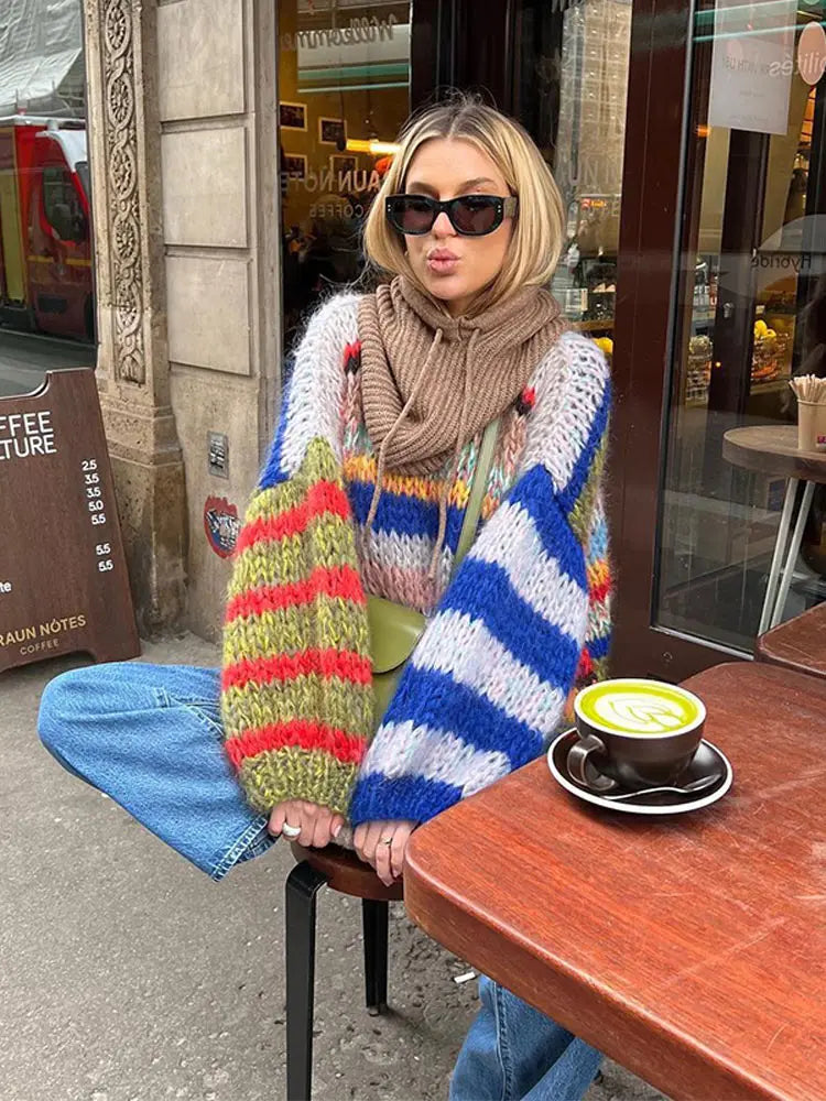 SUENTA Savanne - Damen Mohair-Pullover Mehrfarbige Multicolor-Desig Mut Kuscheliger Komfort