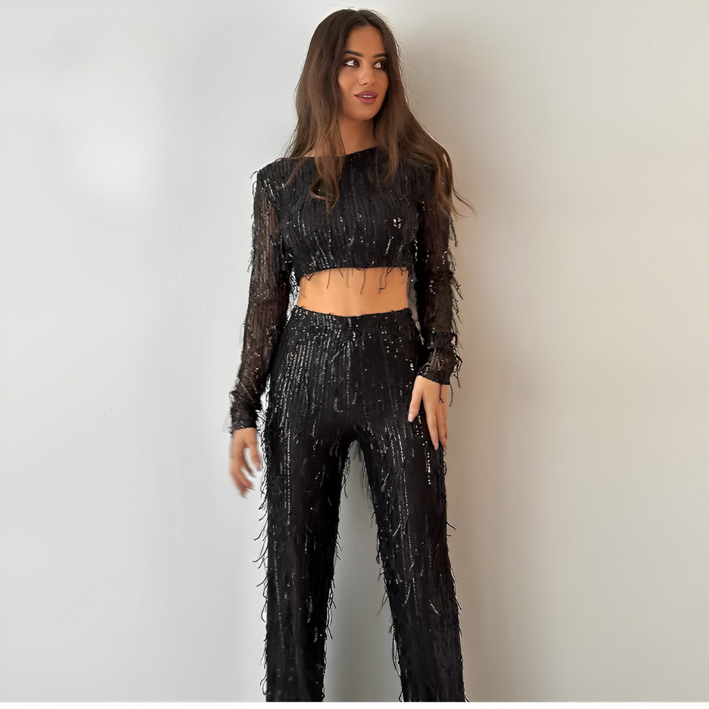 SUENTA Damen Zweiteiliges Damen-Set Langärmliges Crop-Top High-Waist-Hose Glänzendes Finish Schwarz