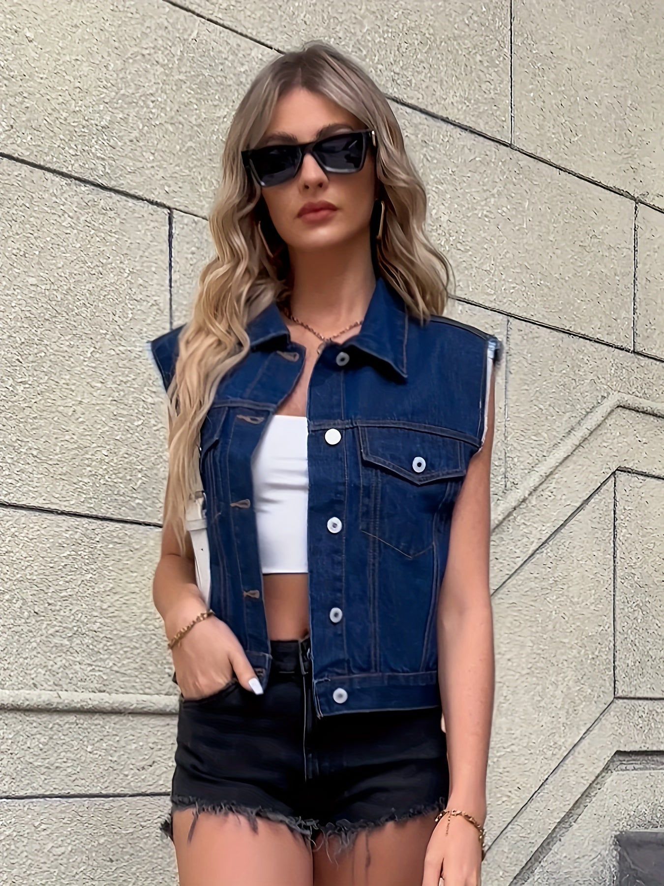 SUENTA Damen Ärmellose Jeansjacke mit Pattentaschen Denim-Look Zeitlos