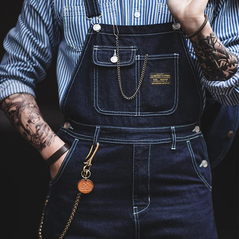 SUENTA Herren Latzhose Indigo Denim 100 Baumwolle Schmale Passform - Overall