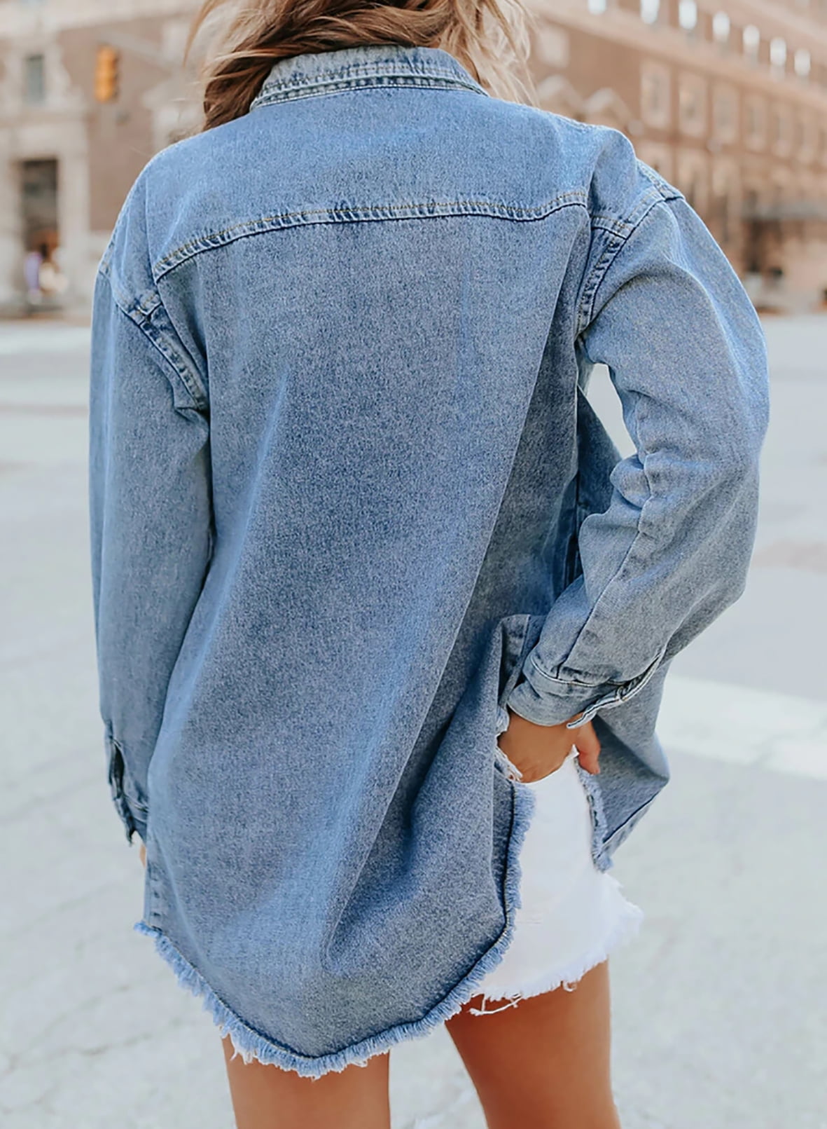 SUENTA Damen Jeansjacke Denim Ausgefransten Akzenten Fransen