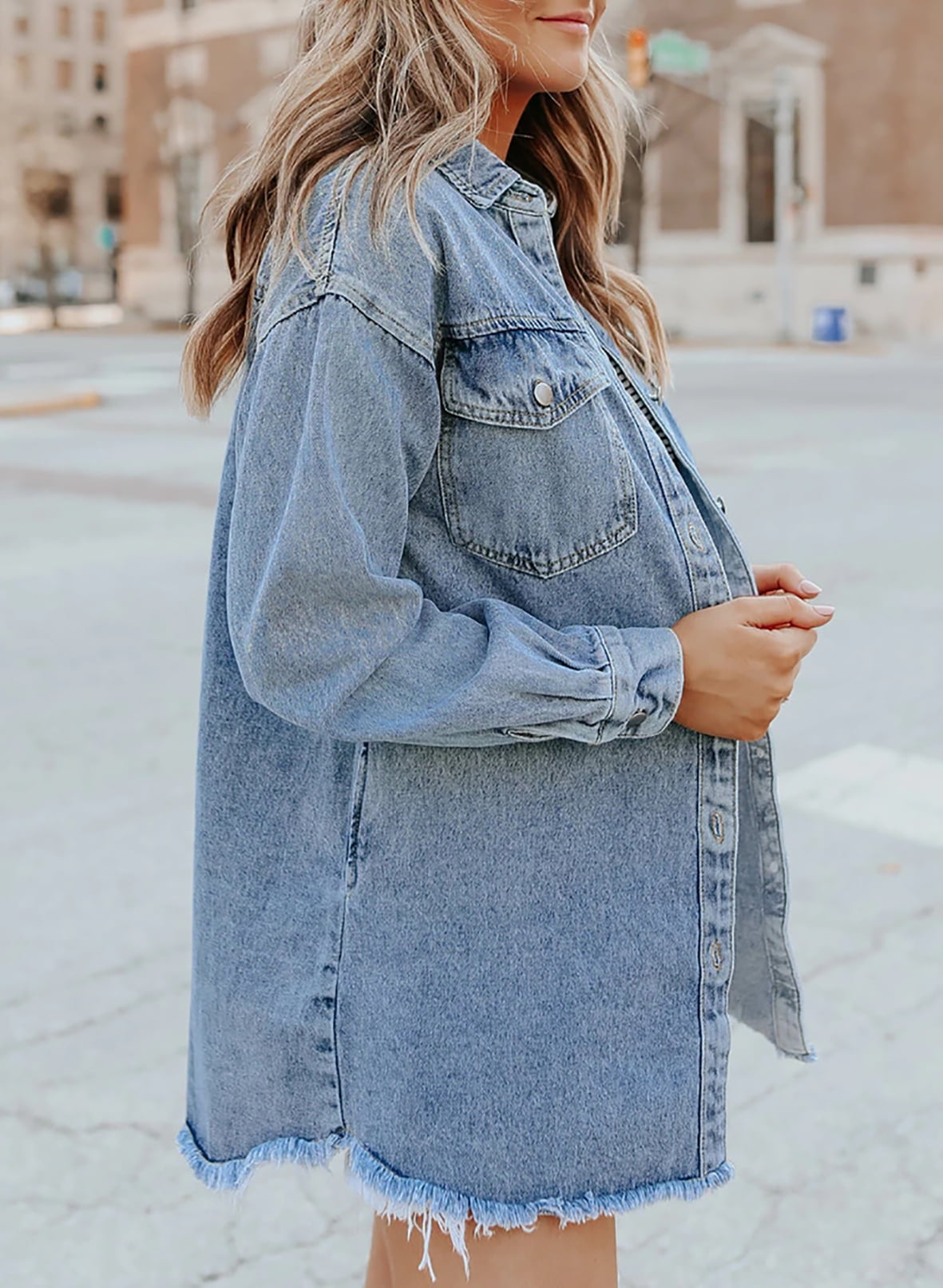 SUENTA Damen Jeansjacke Denim Ausgefransten Akzenten Fransen
