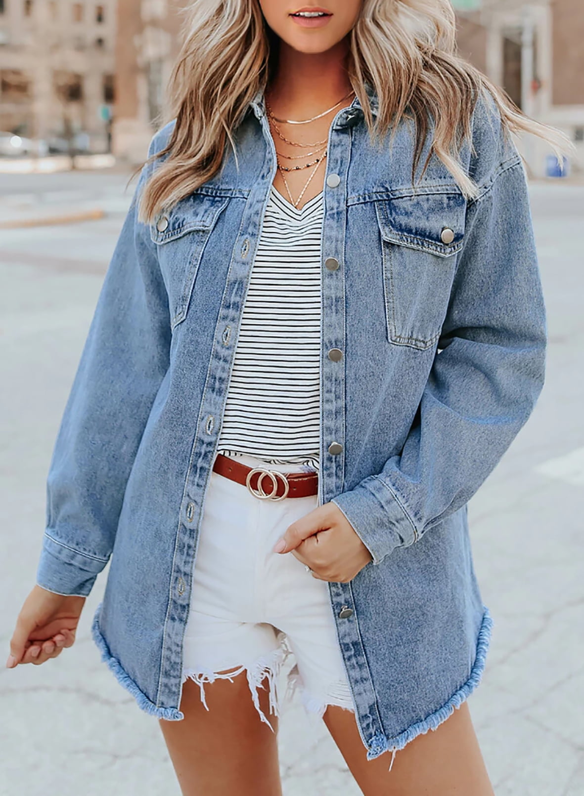 SUENTA Damen Jeansjacke Denim Ausgefransten Akzenten Fransen
