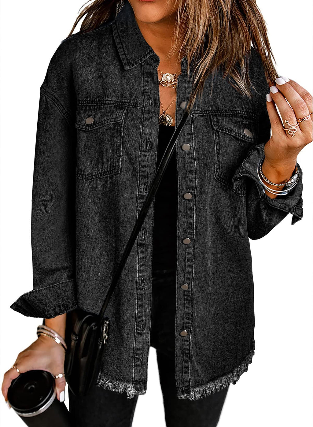 SUENTA Damen Jeansjacke Denim Ausgefransten Akzenten Fransen Schwarz