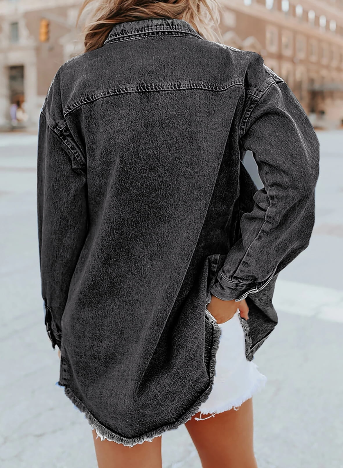 SUENTA Damen Jeansjacke Denim Ausgefransten Akzenten Fransen
