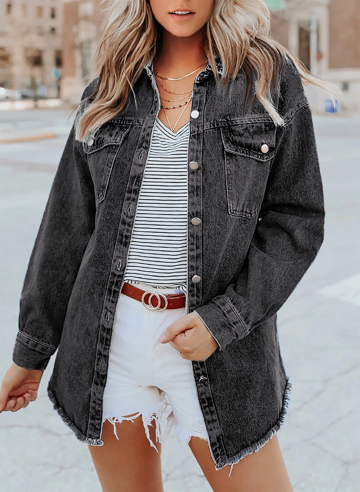 SUENTA Damen Jeansjacke Denim Ausgefransten Akzenten Fransen