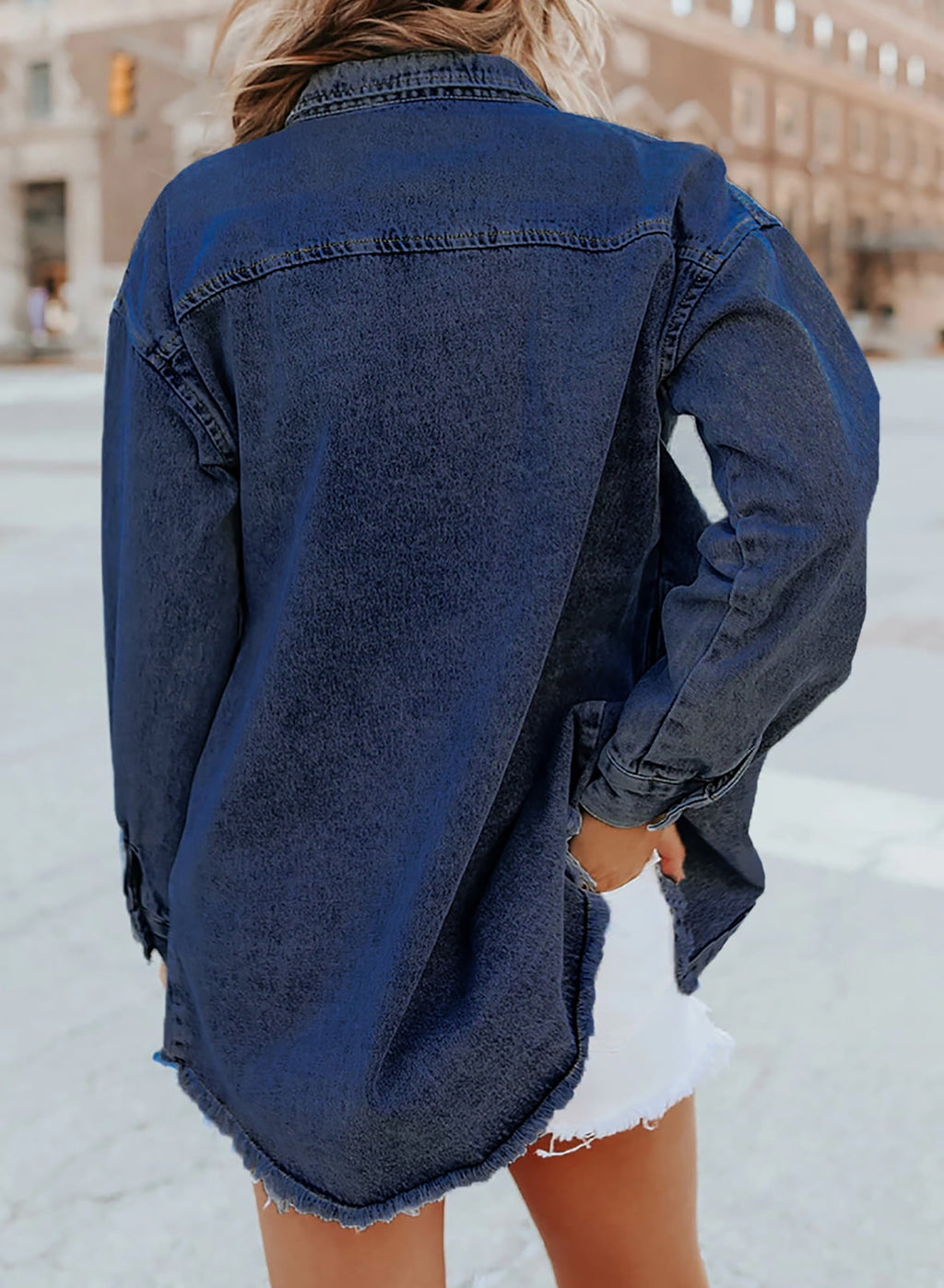 SUENTA Damen Jeansjacke Denim Ausgefransten Akzenten Fransen