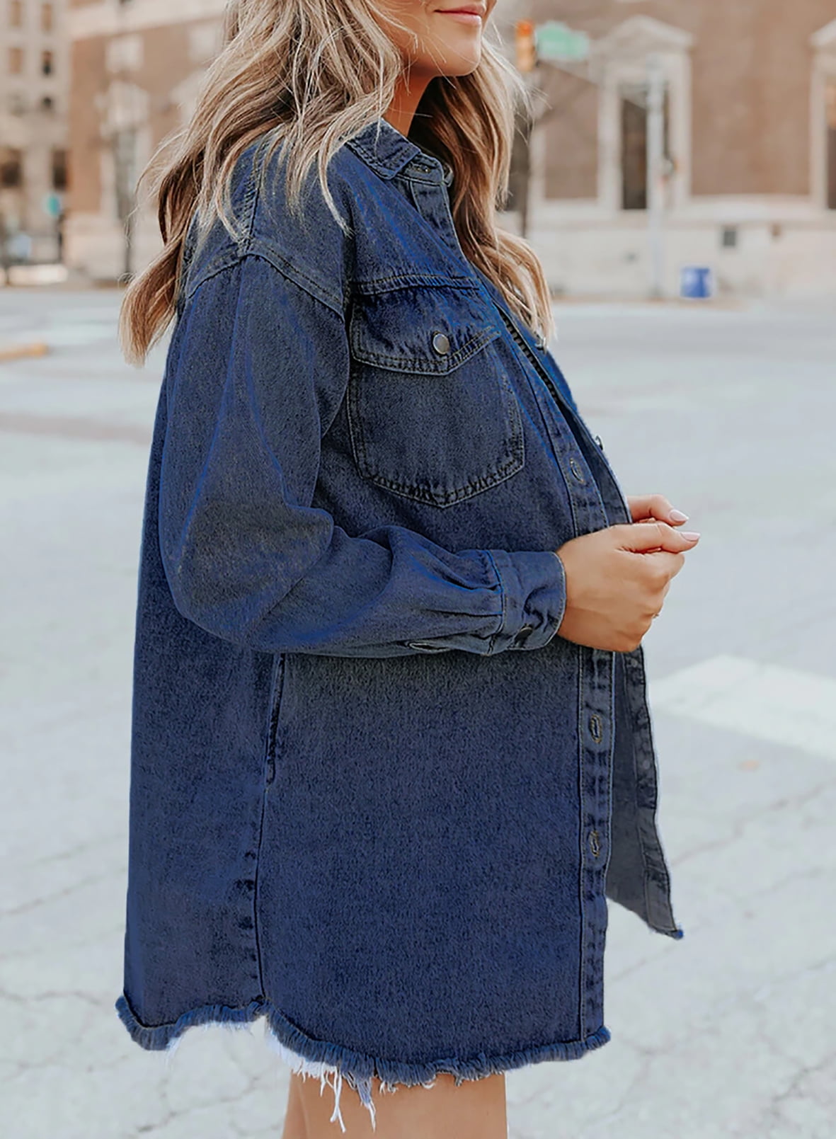 SUENTA Damen Jeansjacke Denim Ausgefransten Akzenten Fransen