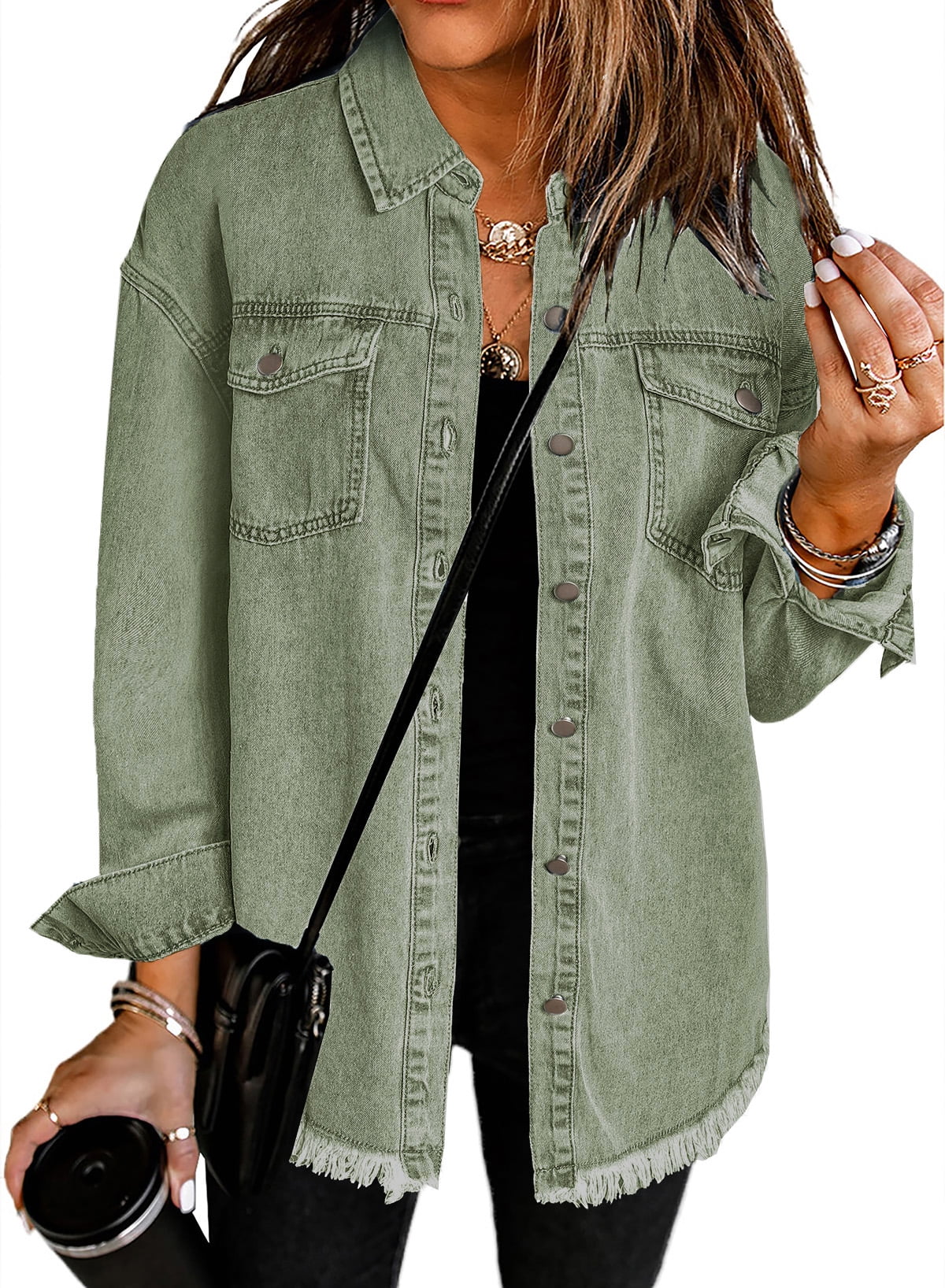 SUENTA Damen Jeansjacke Denim Ausgefransten Akzenten Fransen Grün