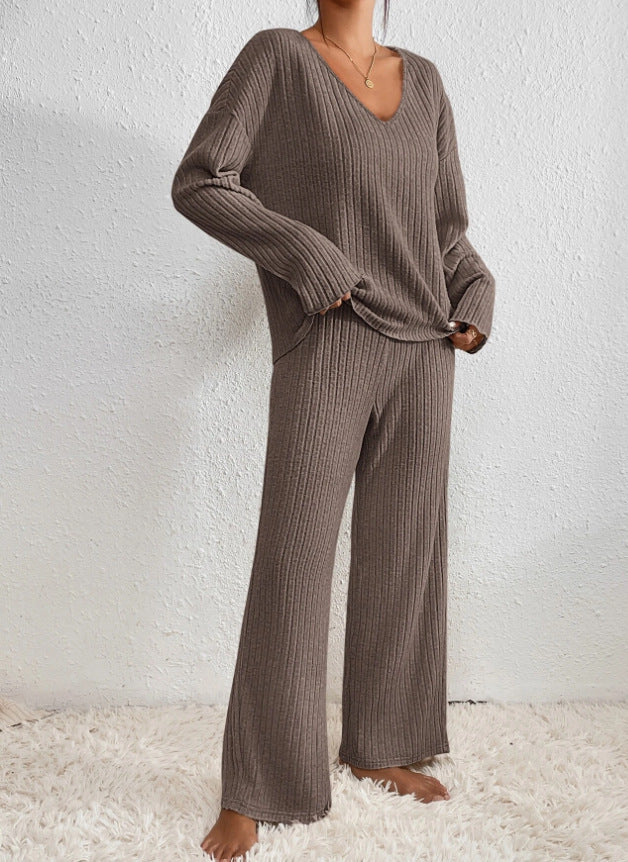 SUENTA Damen Lounge Set – Zweiteiliges Geripptes Sweater- und Hosen-Set