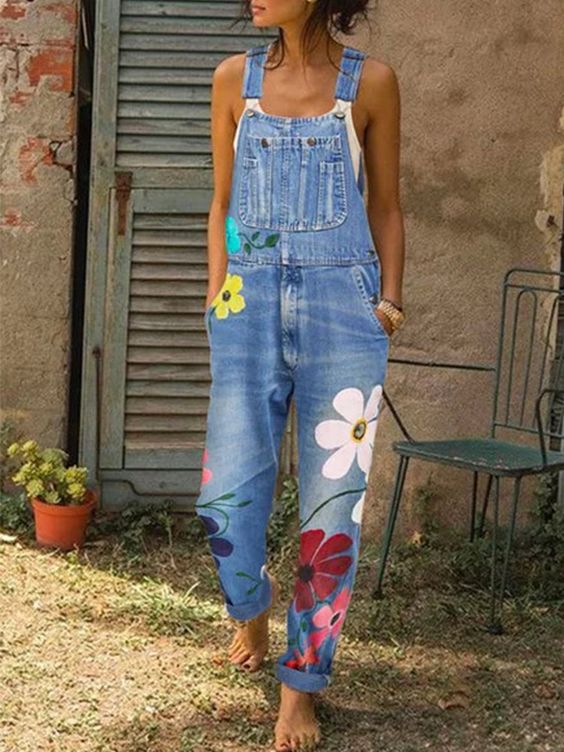 SUENTA Damen Latzhosen mit handgefertigten Blumenmotiven - Overall Hellblau