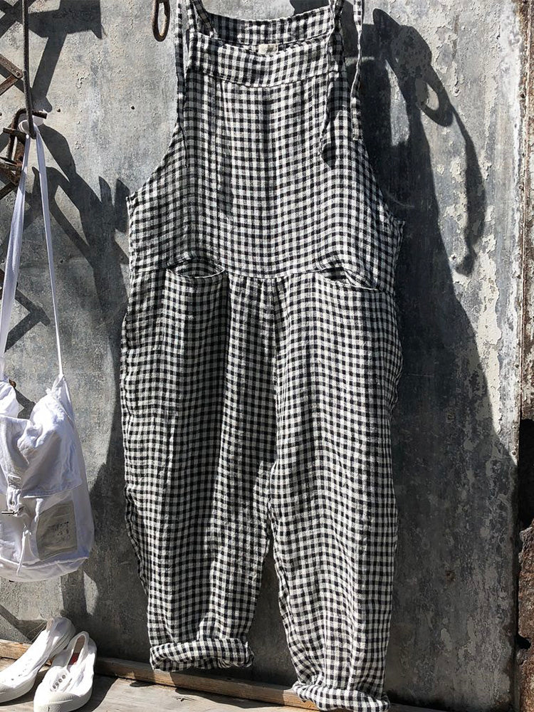 SUENTA Damen Gestreifte Latzhose – Overall mit Verstellbaren Spaghettiträgern Schwarzes Karomuster