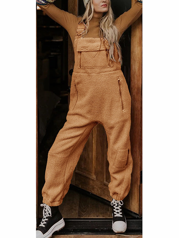 SUENTA Damen Fleece Thermo Overall – Warmer Einteiler mit Praktischen Reißverschlusstaschen Braun