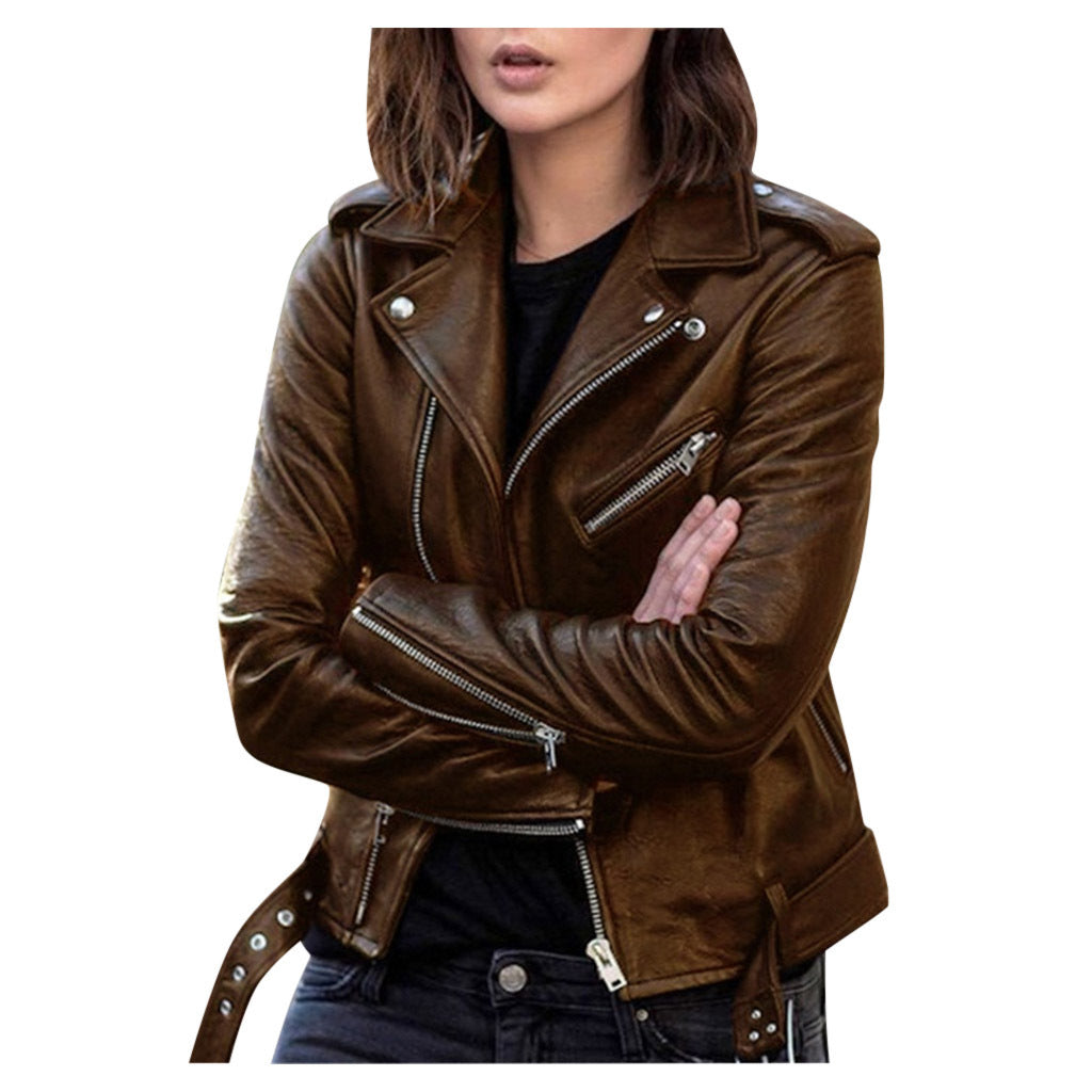 SUENTA Damen Lässige Bikerjacke für Damen Mit Reißverschluss Stil Braun