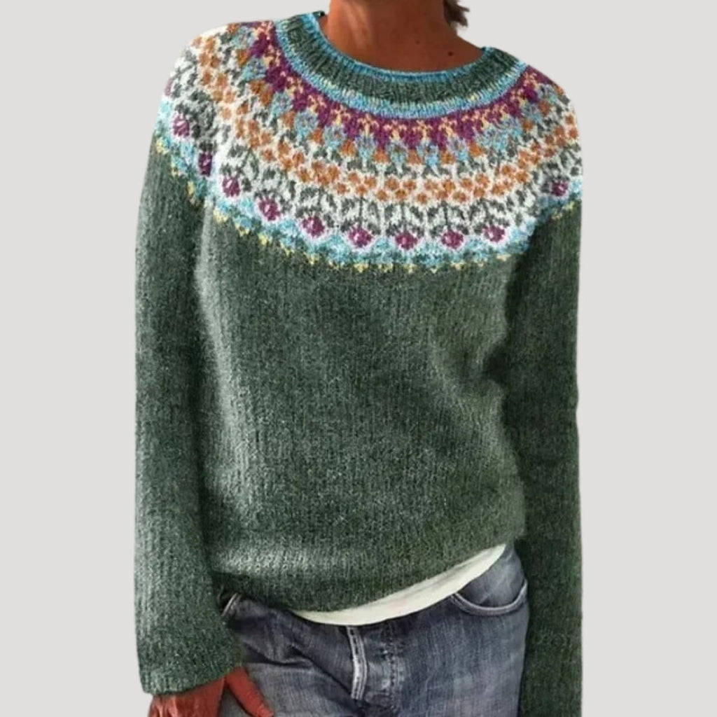 SUENTA Damen Bunter Gemusterter Strickpullover Farbenfrohen Muster Grün