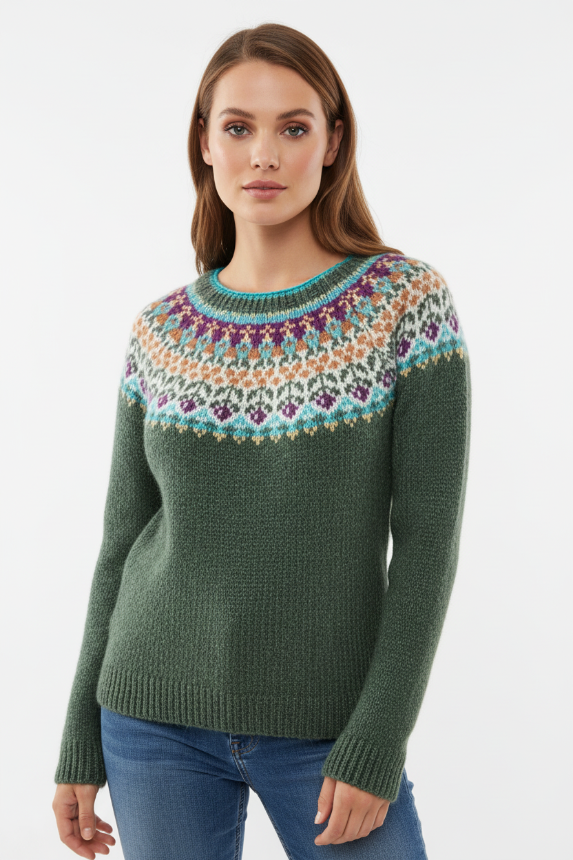 SUENTA Damen Bunter Gemusterter Strickpullover Farbenfrohen Muster