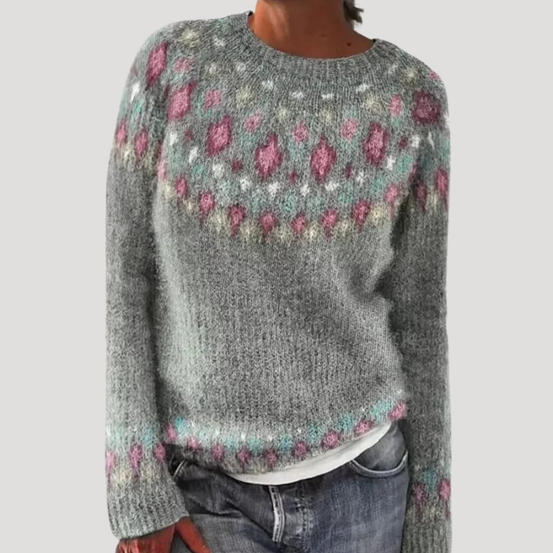 SUENTA Damen Bunter Gemusterter Strickpullover Farbenfrohen Muster Rosa